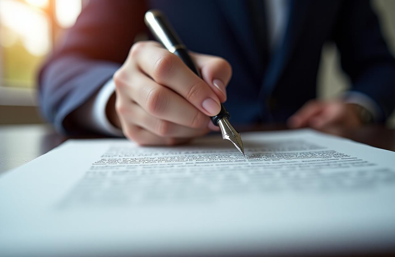 Close up of a professional lawyer drafting a legal contract with a fountain pen on high-quality paper.